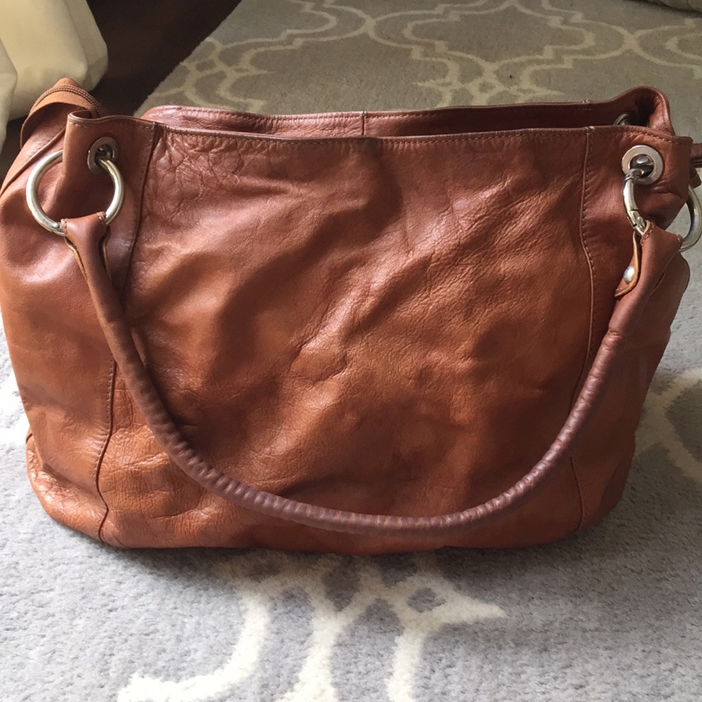 Lg brown leather shoulder bag, handmade in Greece.